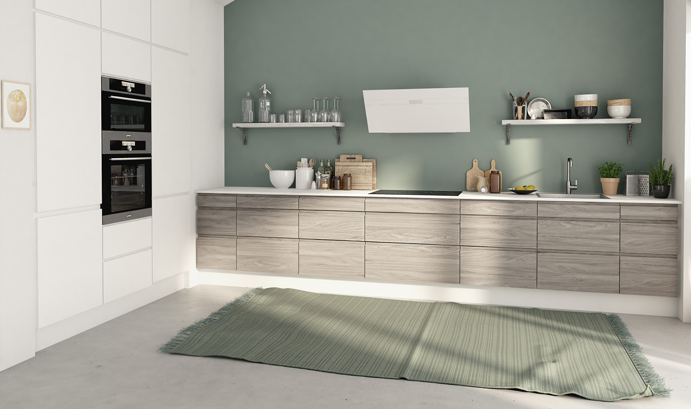 Mat hvid & lys grå træstruktur, begge med intergreret greb