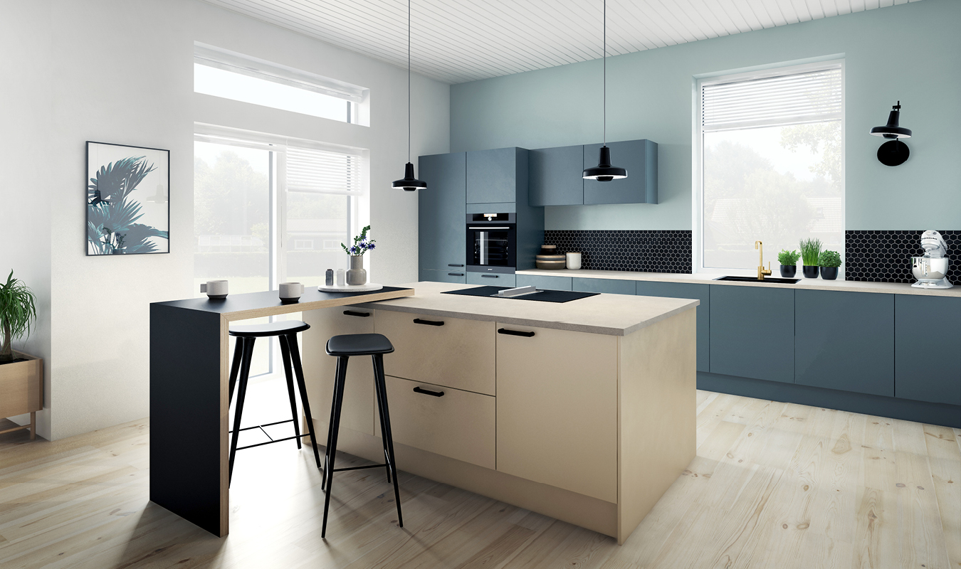 Lys sand og petrolblå